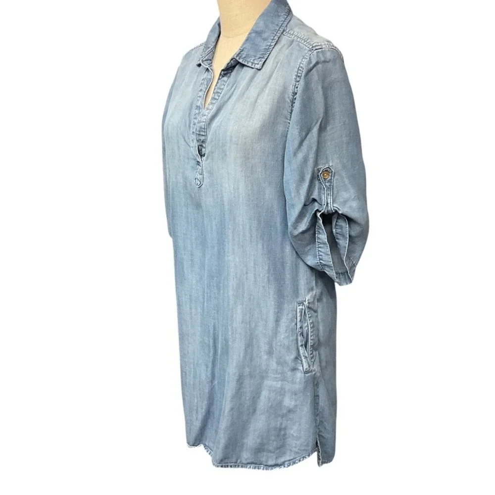 Anthropologie Cloth & Stone Chambray Denim 3/4 Sleeve Mini Shirt Dress Medium - Picture 4 of 10